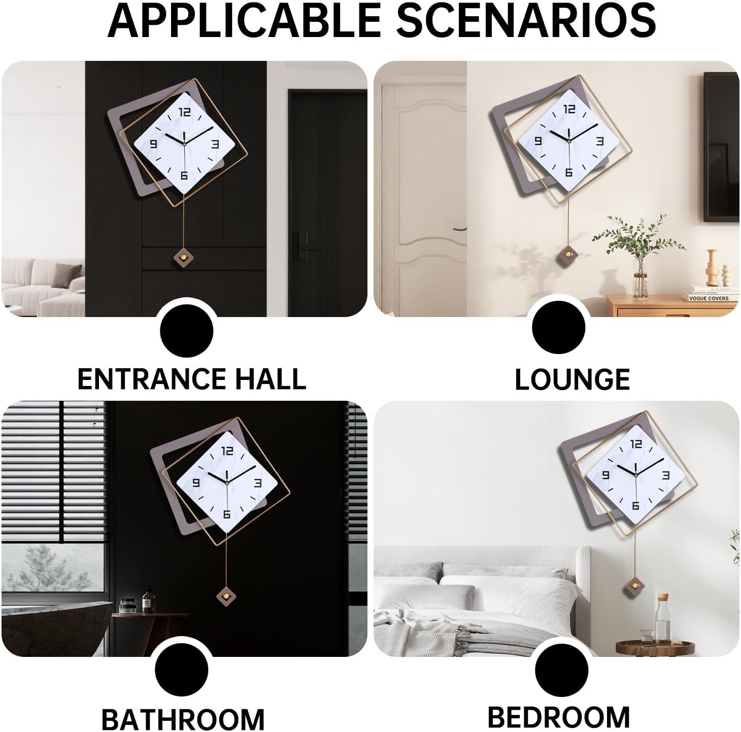 Modern Silent Wall Clock with Pendulum Large Quartz Battery Operated Decor