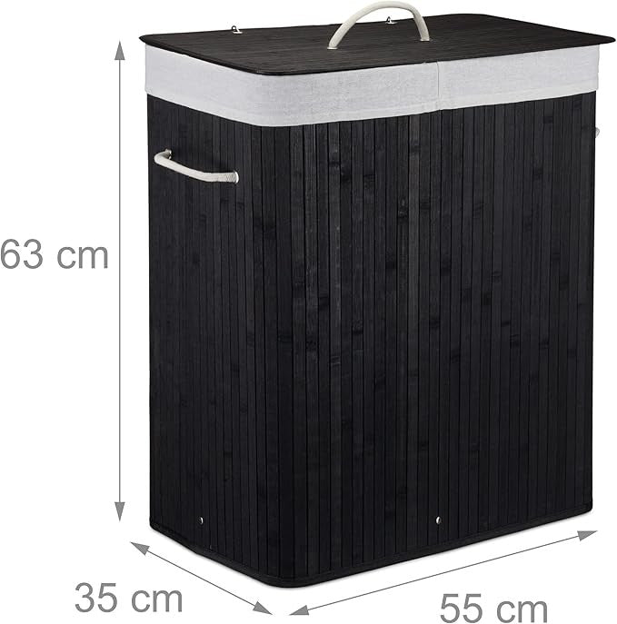95L Bamboo Laundry Hamper 2 Compartment Basket with Lid & Removable Liners