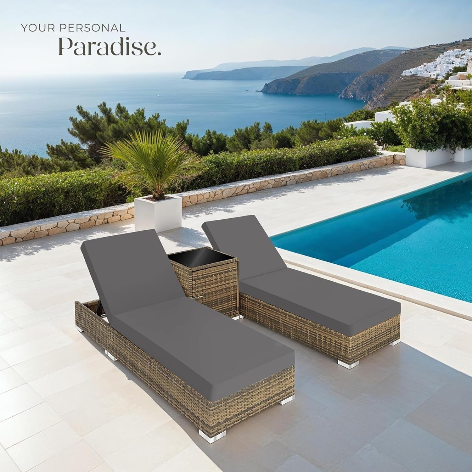 3PC Rattan Sun Lounger Set Outdoor Reclining Garden Bed w/ Table Cover