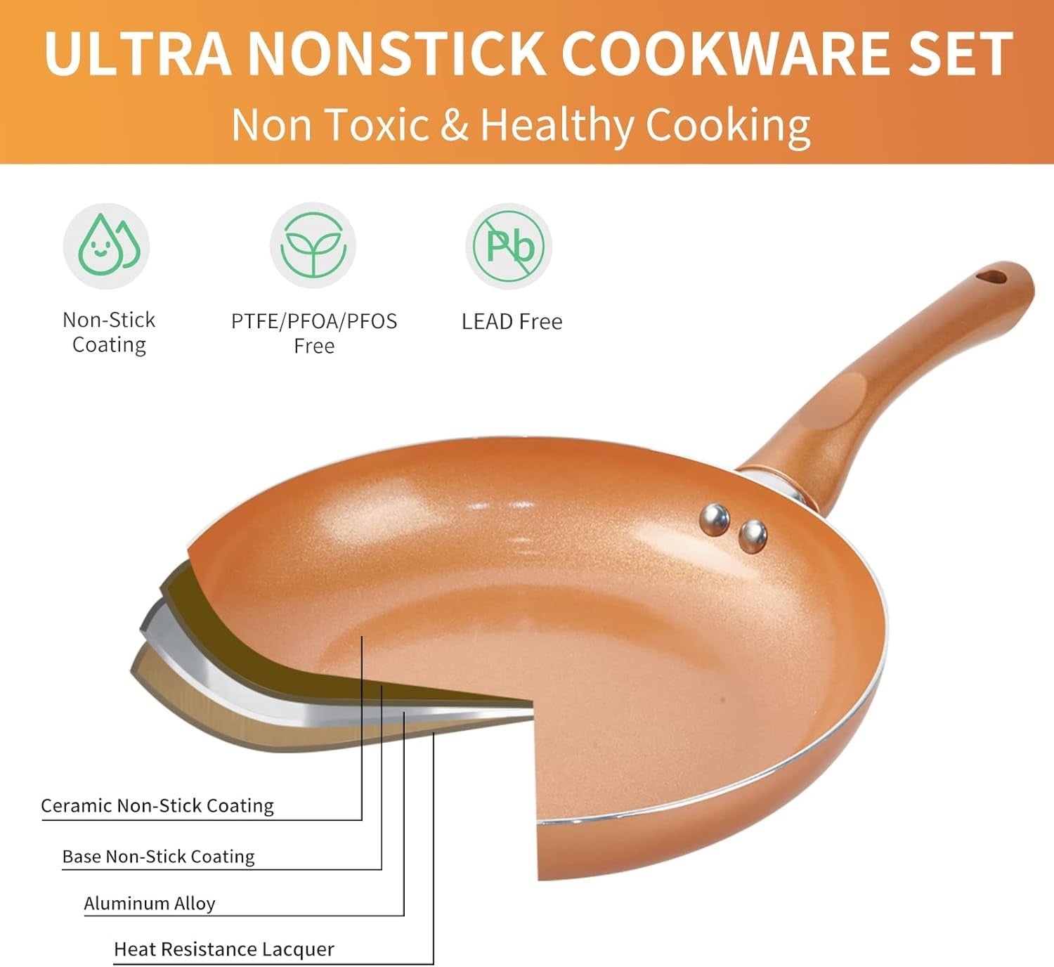 11pcs Copper Ceramic Cookwear Set Non Stick Pots & Pans PFOA Free with Lids