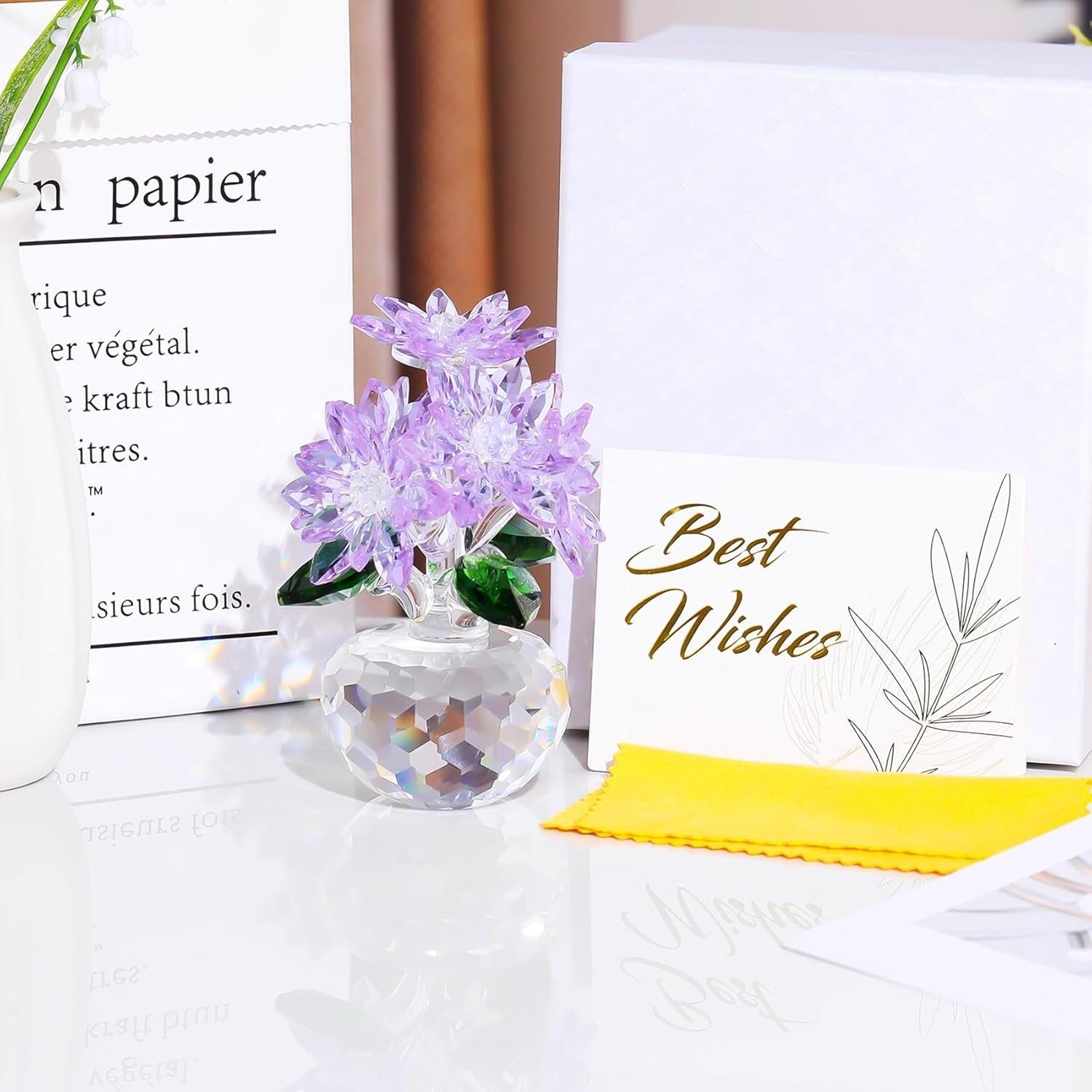 Purple Crystal Daisy Bouquet Ornament 10cm Collectible Glass Flowers Gift Decor