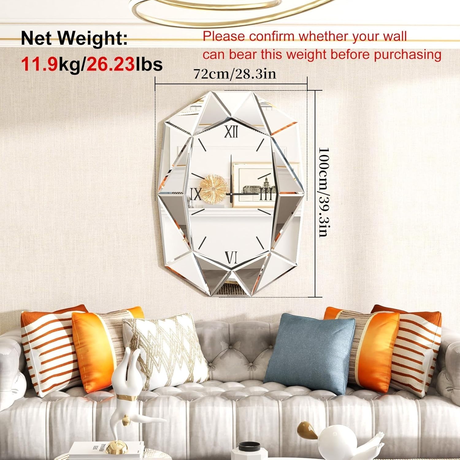 Beveled Glass Wall Clock with Roman Numerals | Silent, Modern Silver Decor