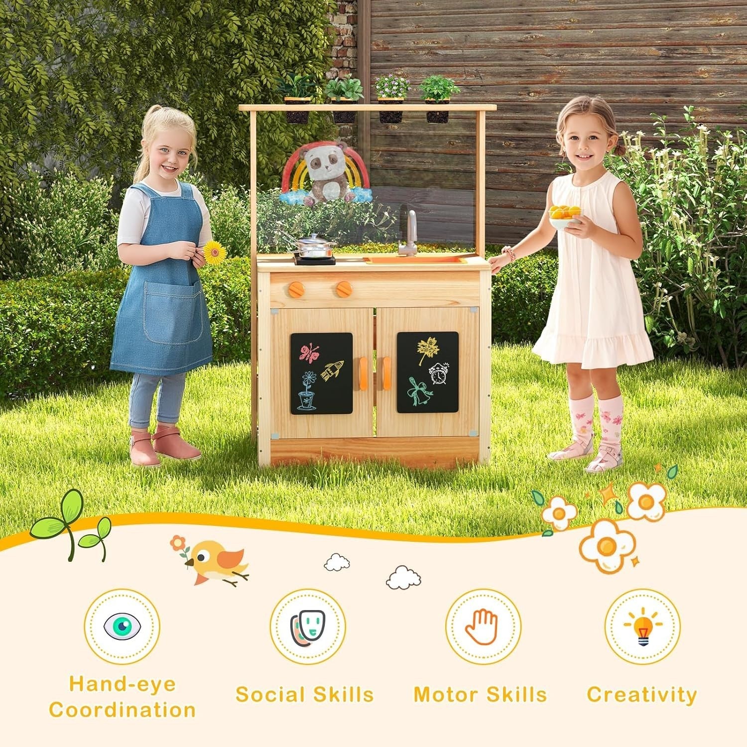 Outdoor Wooden Mud Kitchen Kids Playset Chalkboards Plant Pots Sink