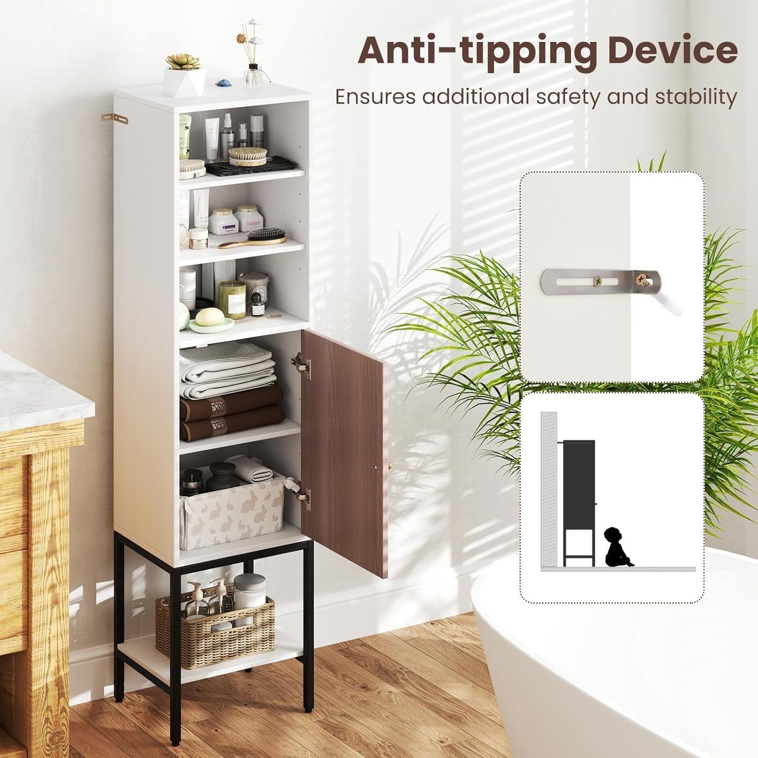 146cm Tall Wooden Storage Cabinet White Adjustable Shelves Slim Cupboard