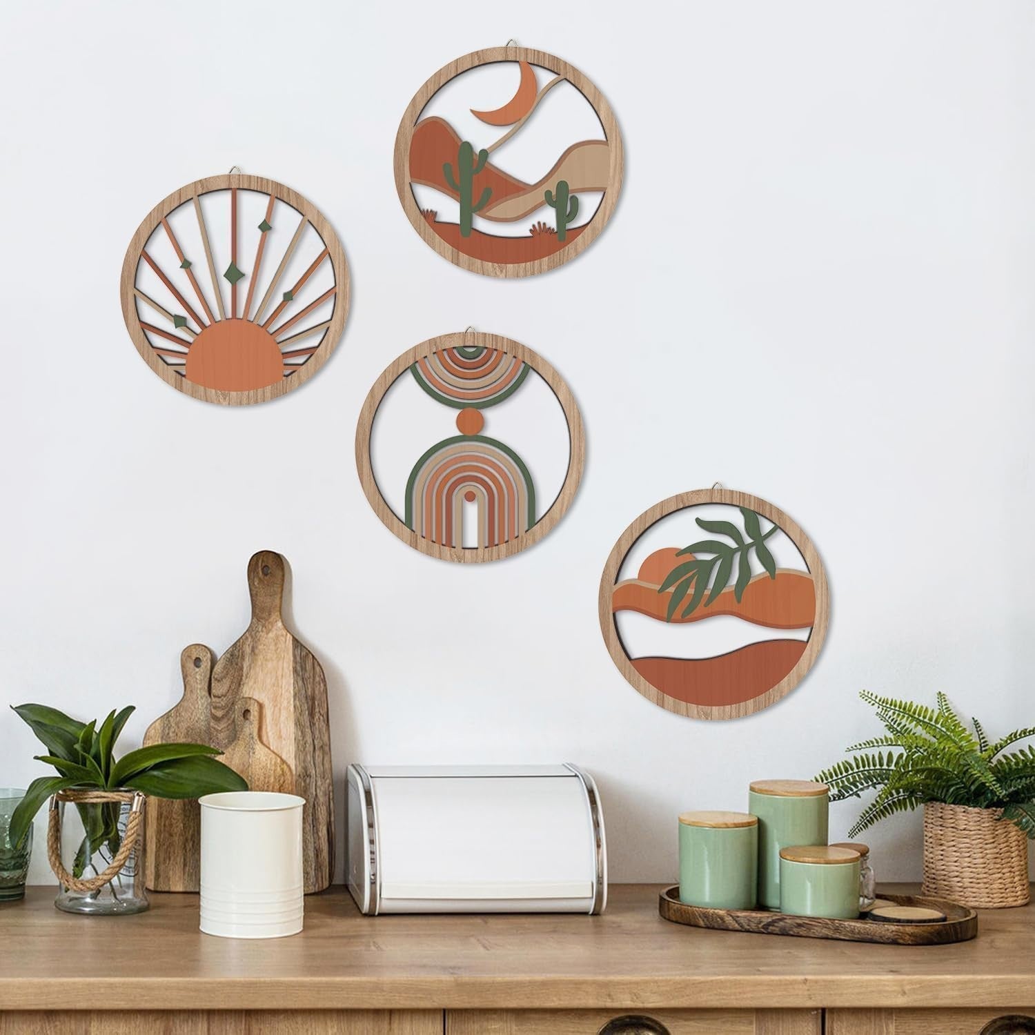 Boho Wall Art 4pcs 10"x10" Geometric Wood Signs Minimalist Decor