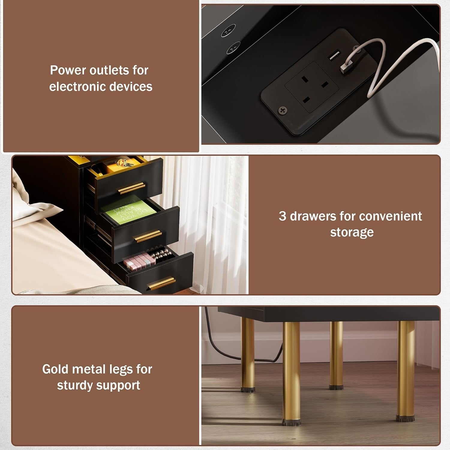 Modern LED Bedside Table with USB Charging, 3 Drawers + Hidden Storage