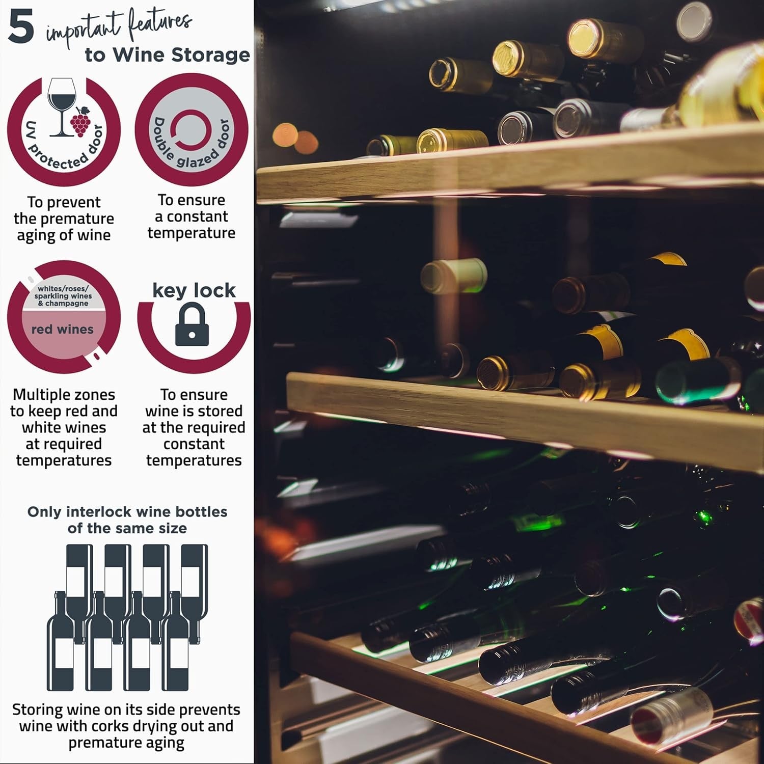 60cm Built In Wine Cooler Dual Zone Under Counter Fridge 40 Bottle UV Glass