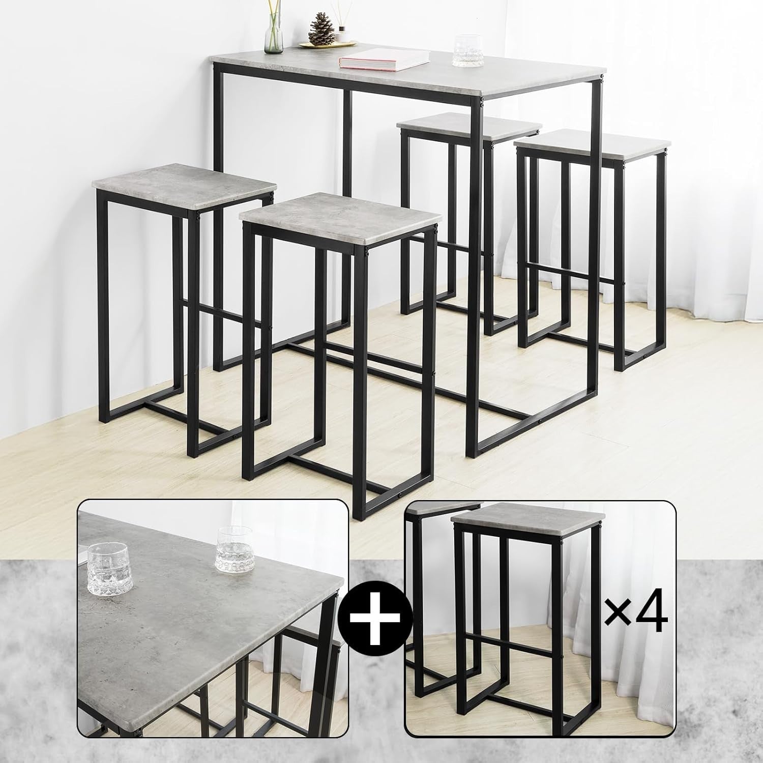 5-Piece Bar Table Set with 4 Stools, Black & Grey Space-Saving Dining Set