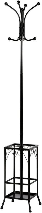 Metal Coat Rack Stand with Umbrella Holder | 8 Hooks Free Standing Tree