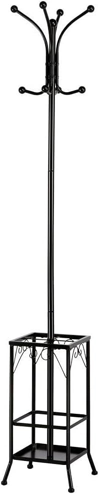 Metal Coat Rack Stand with Umbrella Holder | 8 Hooks Free Standing Tree