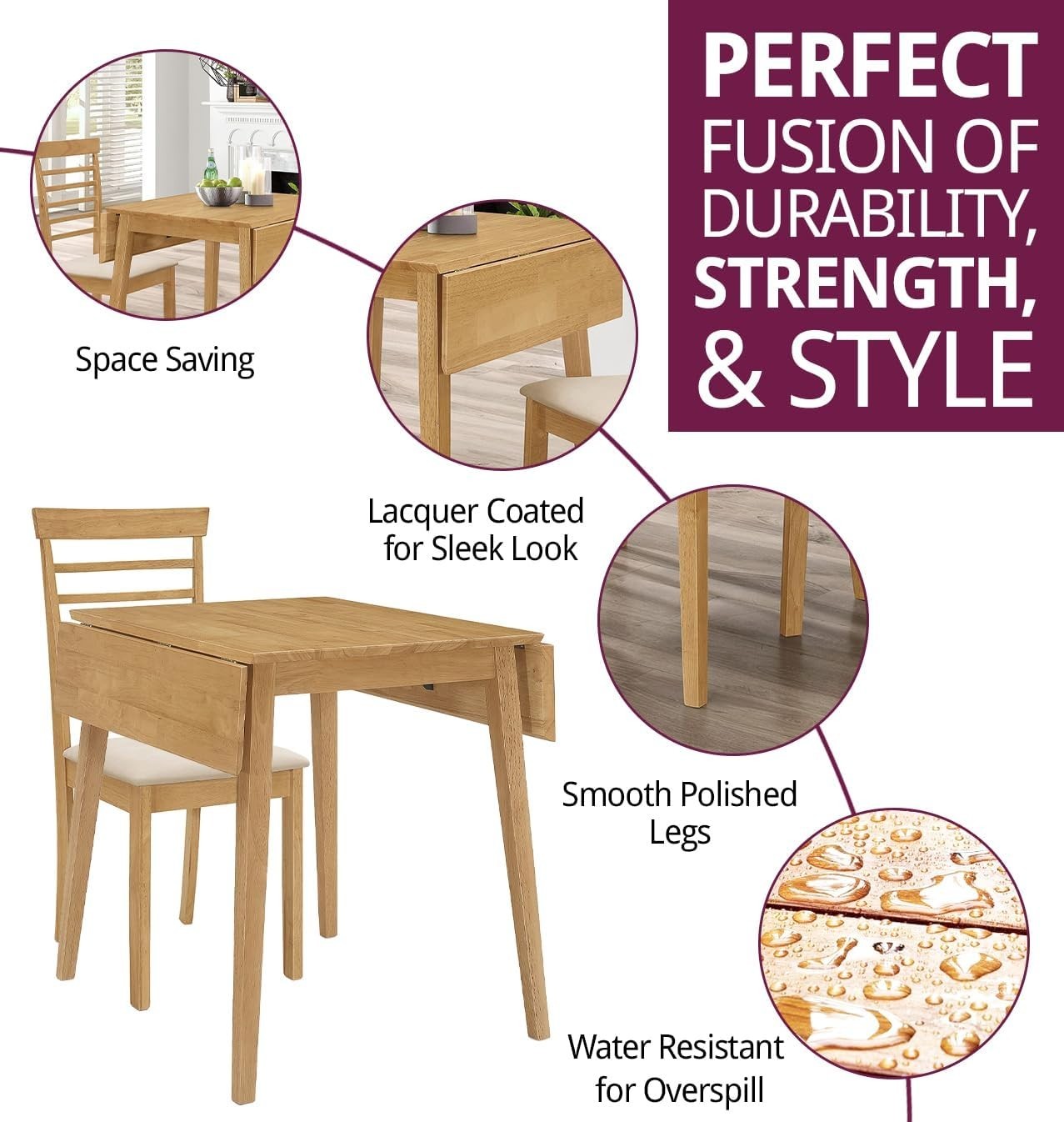 Small Drop Leaf Dining Table & 2 Chairs Oak Foldable Set for Home