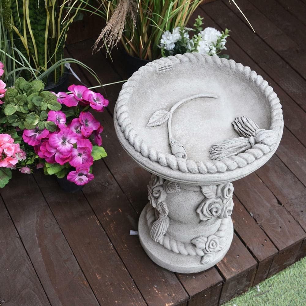Stone Bird Bath Feeder Ropes & Roses Design Garden Ornament Sculpture Outdoor