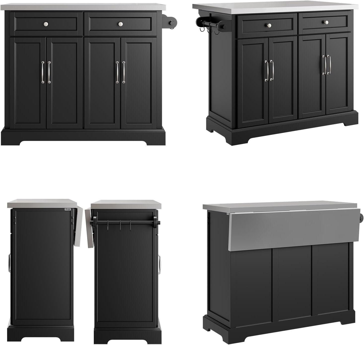 Black Rolling Kitchen Island Extendable Worktop 115cm