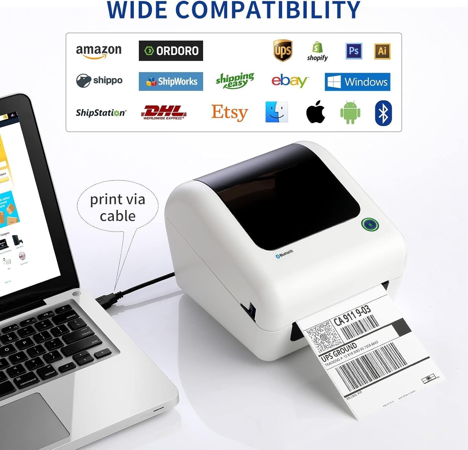 White 4x6 Bluetooth Thermal Label Printer, Wireless Shipping, Portable