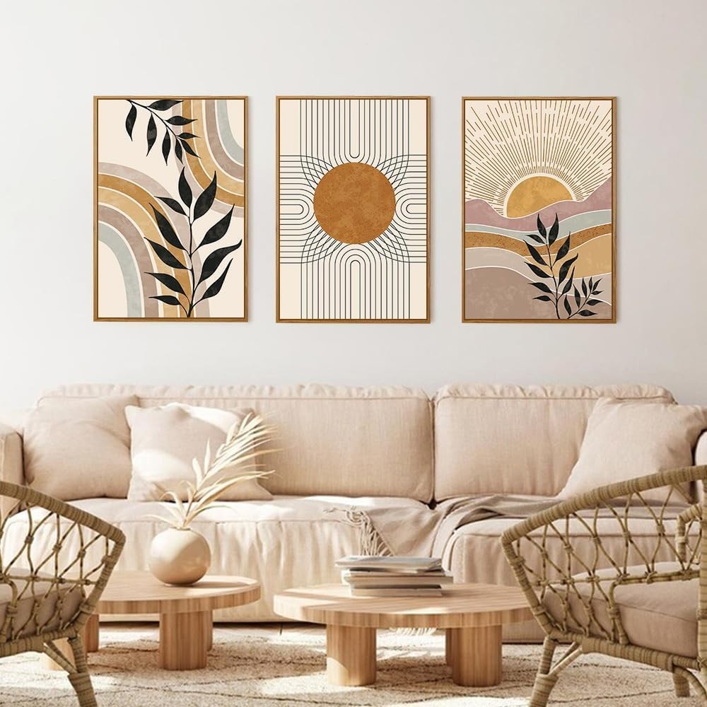 Boho Framed Canvas Wall Art Set of 3 Abstract Nature Prints 12x16