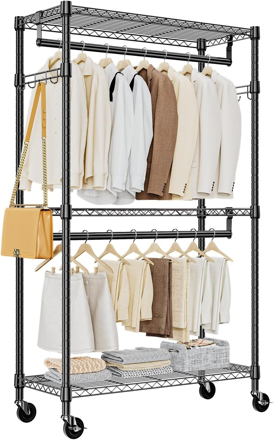 Heavy Duty Black Garment Rack – 3 Tier, 2 Rods, 189cm with Wheels