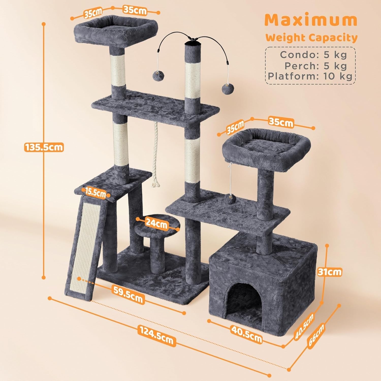 Large Cat Tree Tower 136cm Indoor Scratching Post Condo Multi Level Playhouse