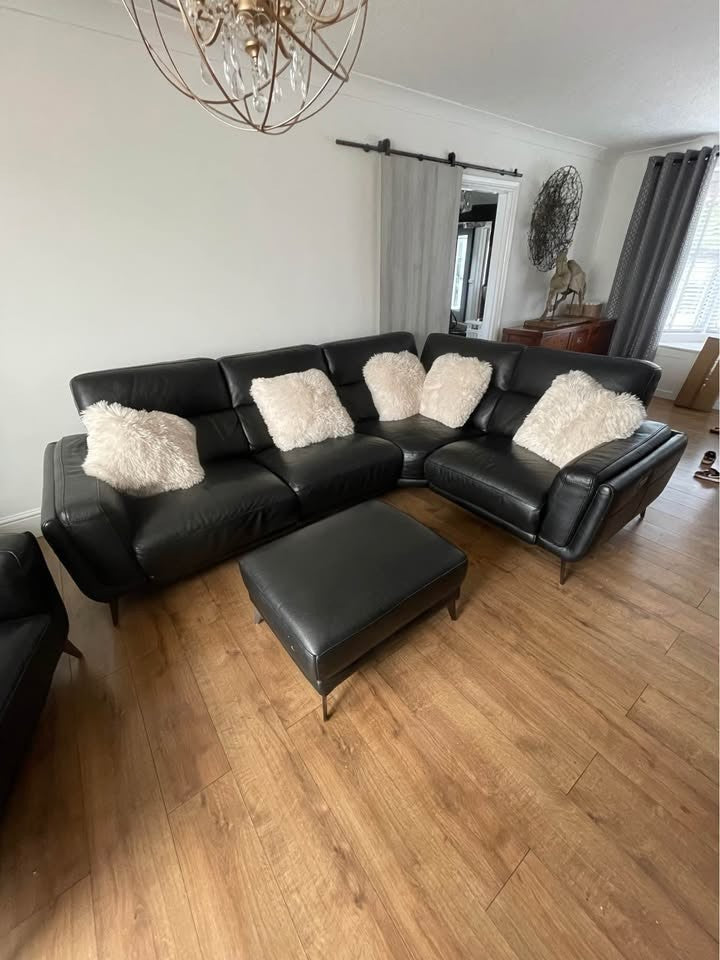 Drak Brown Leather Corner Sofa + Matching Armchair + Footstool (PTP)