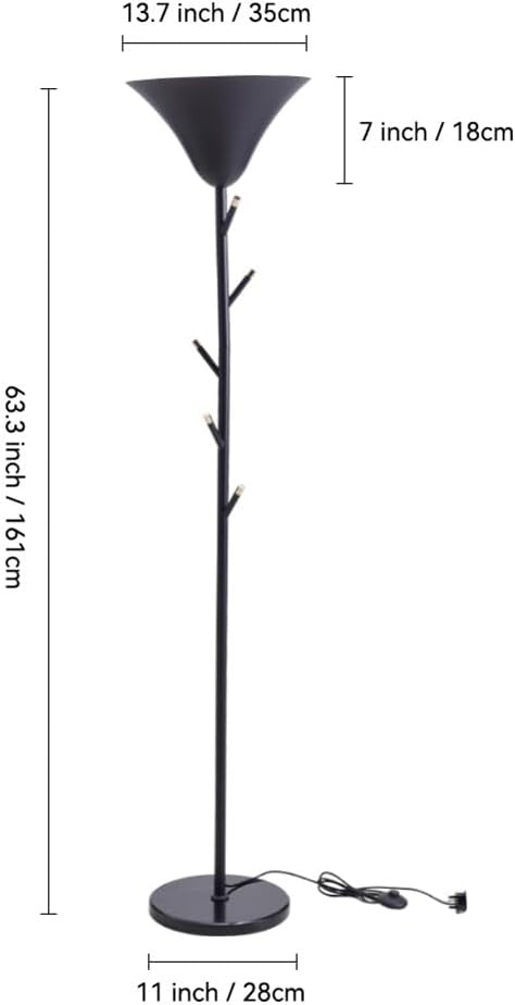Black Floor Lamp with Coat Rack Hooks Standing Reading Light E14