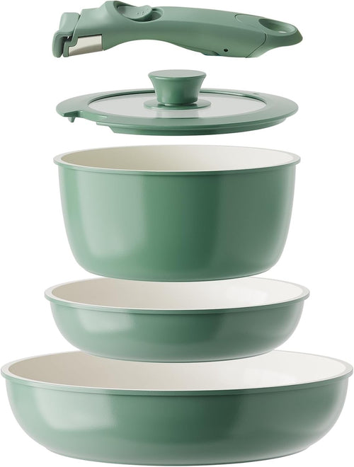 5pcs Green Non Stick Ceramic Cookware Set with Detachable Handle Induction Safe