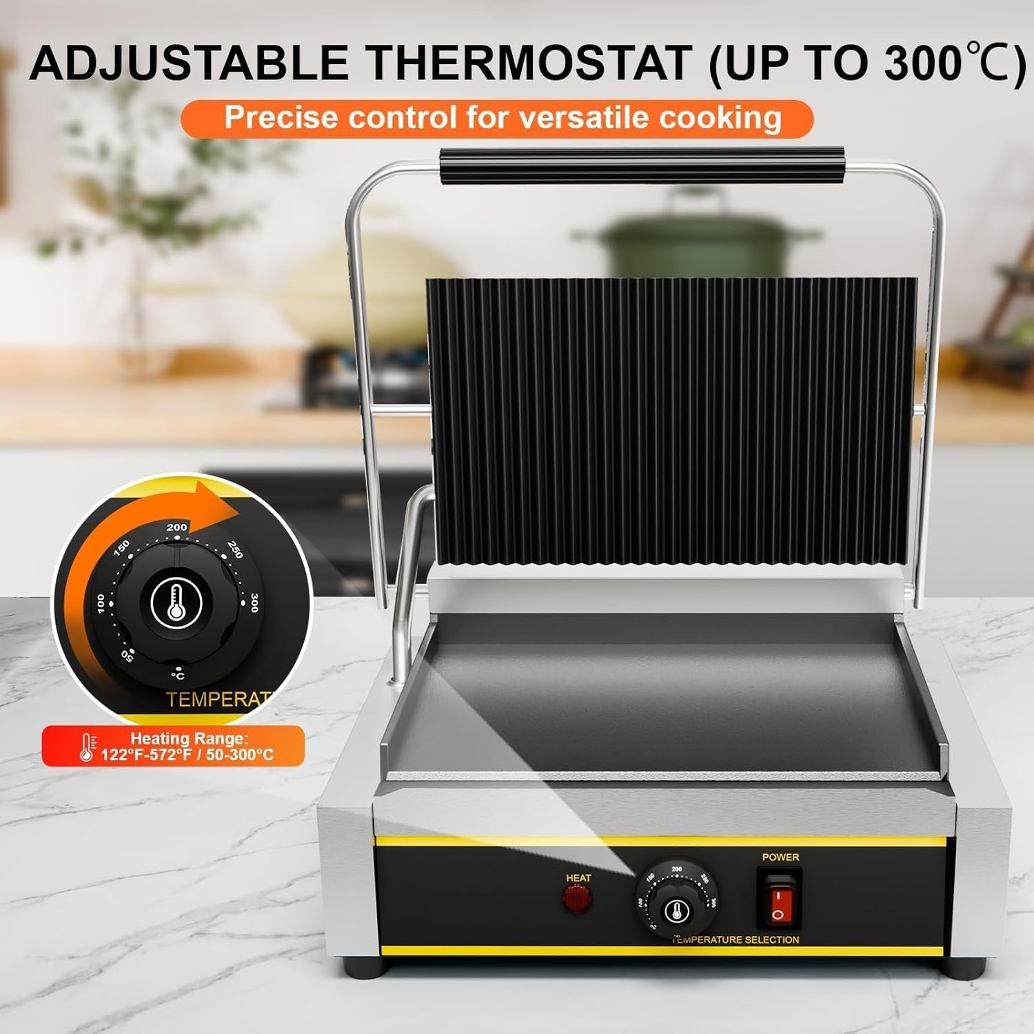 Commercial Panini Press 42.8x31x19.2cm Cast Iron Grill Sandwich Maker single rib
