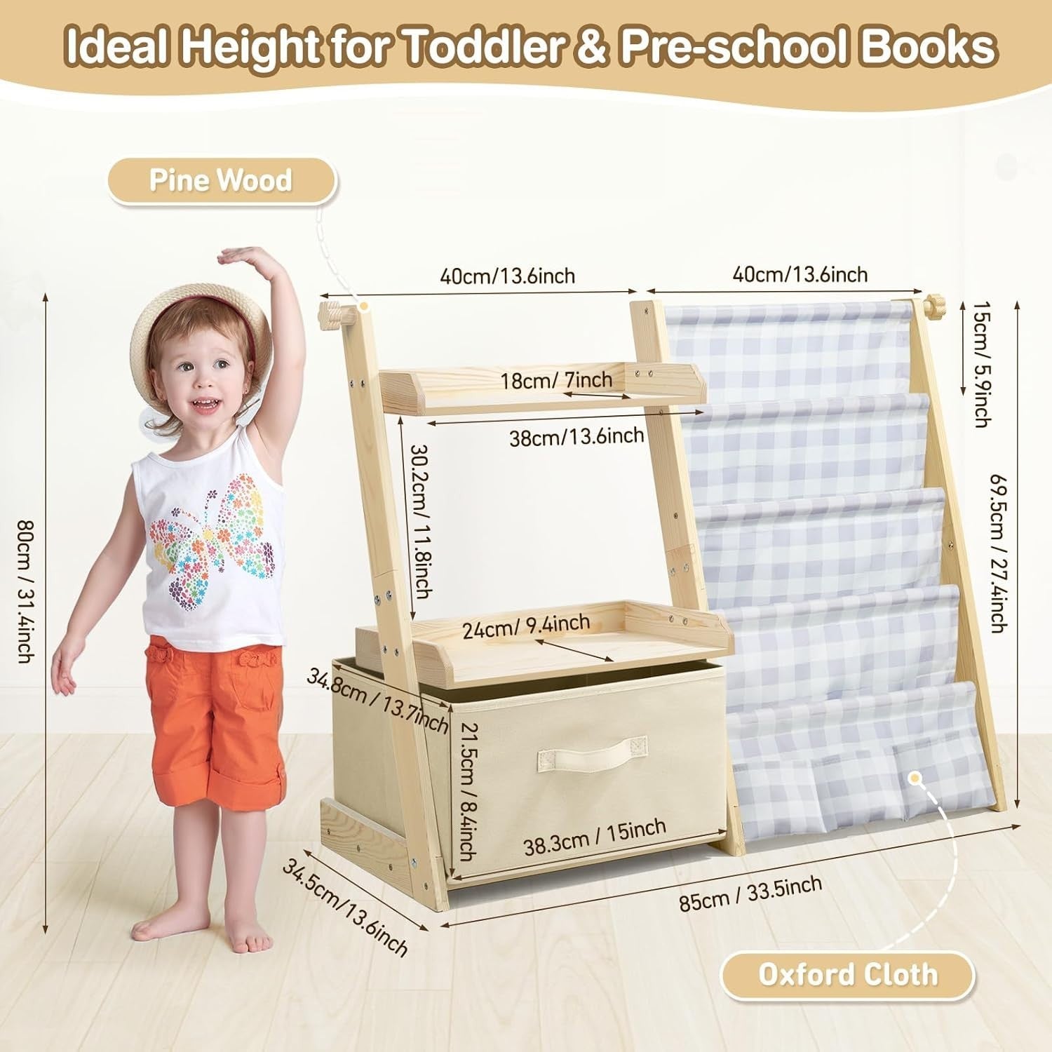 Kids Grey Plaid Bookcase & Toy Storage – 4-Tier Wooden Sling Shelf with Toy Box