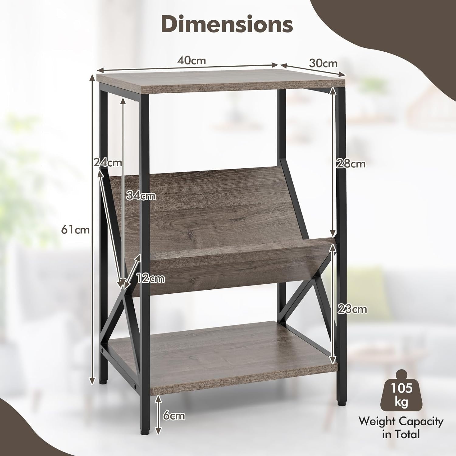 3-Tier Industrial Sofa Side Table with V-Shaped Magazine Holder & Storage