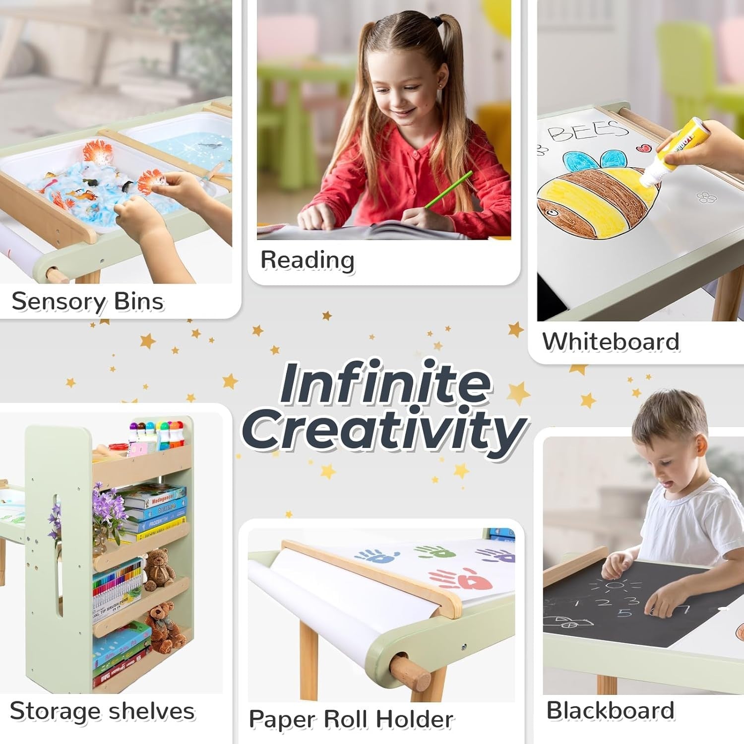 Kids Sensory Activity Table with Chairs Storage Bins Art Blackboard Whiteboard