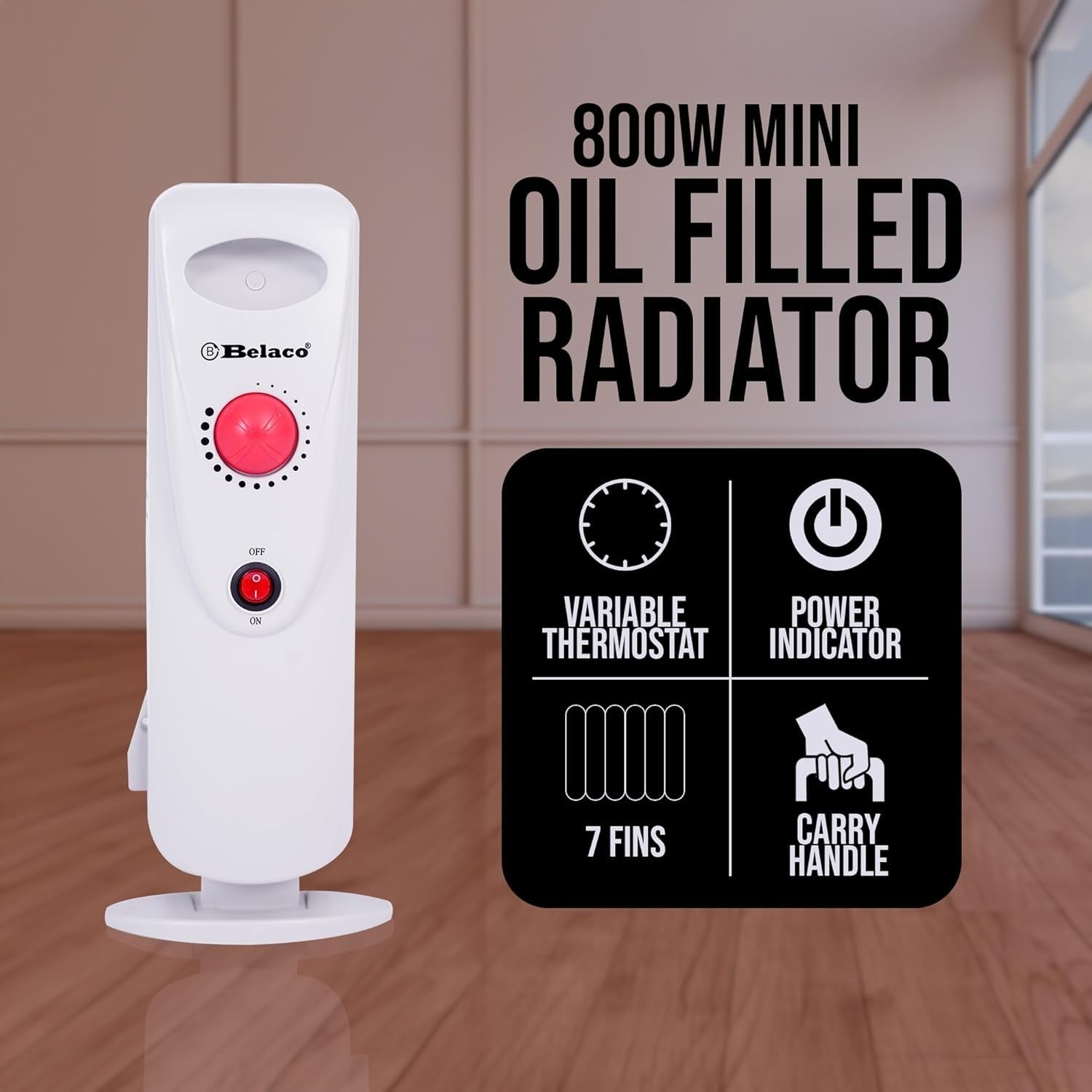 800W Mini Oil Filled Radiator 7 Fin Portable Electric Heater White