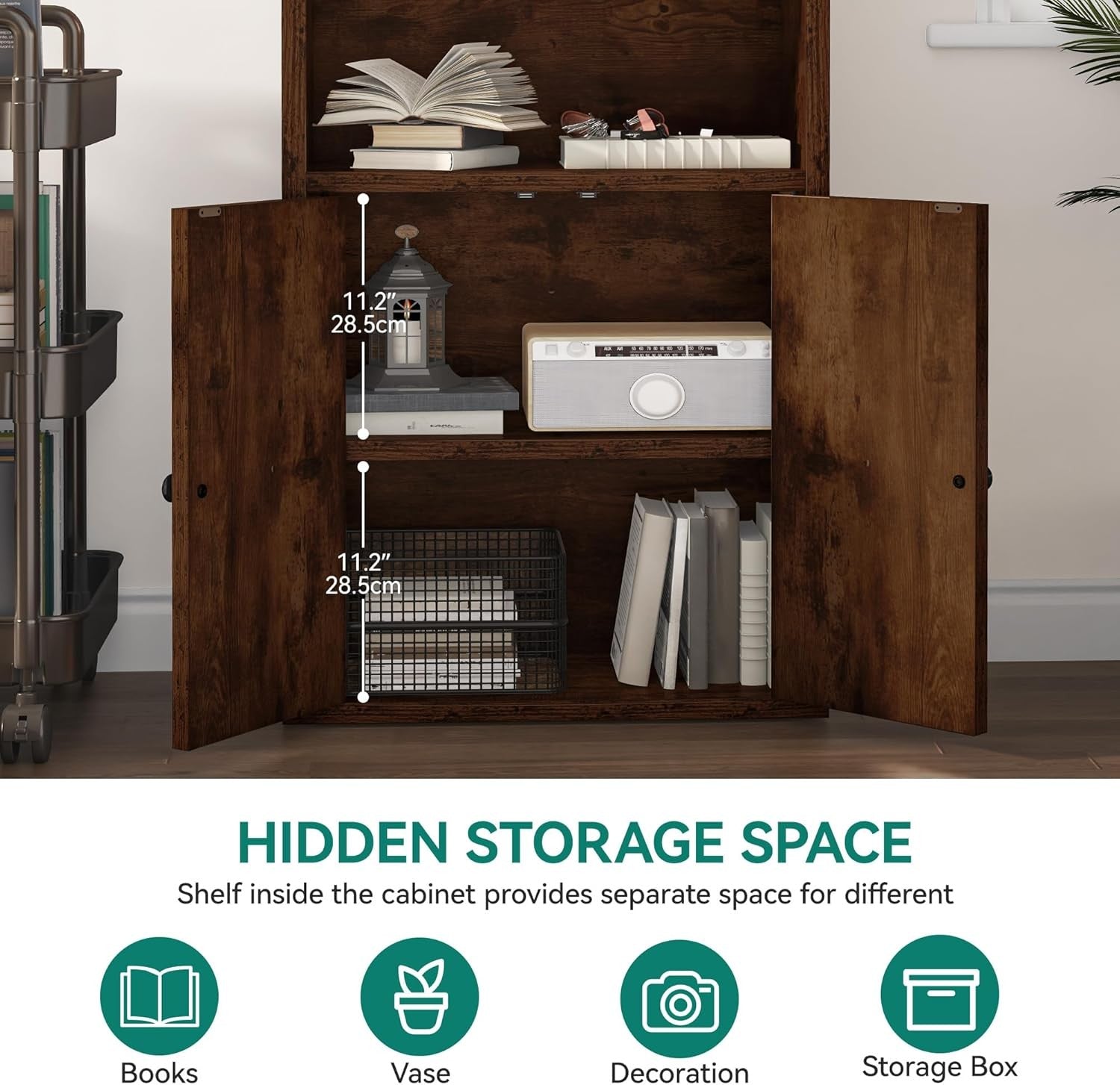 Tall Rustic Brown Bookcase | 5-Tier Storage Shelf with Doors for Living Room