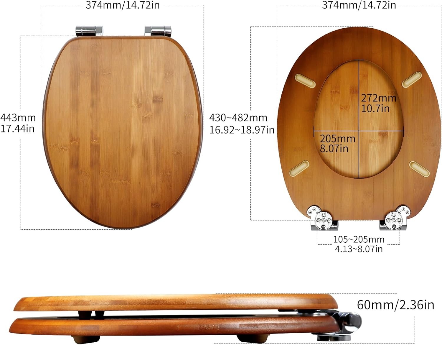 Bamboo Wood Toilet Seat Soft Close Metal Hinges Oval Easy Install 45x37cm