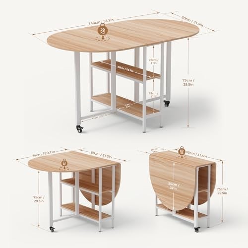 Oak & White Folding Dining Table Drop Leaf Mobile 4-6 Seat 140cm