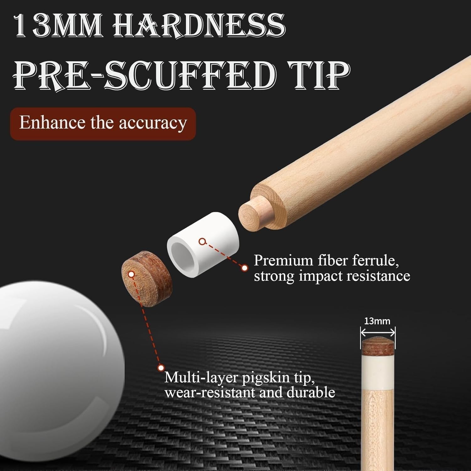 58in Pool Cue 13mm Tip Canadian Maple 20oz With Extension Case & Glove