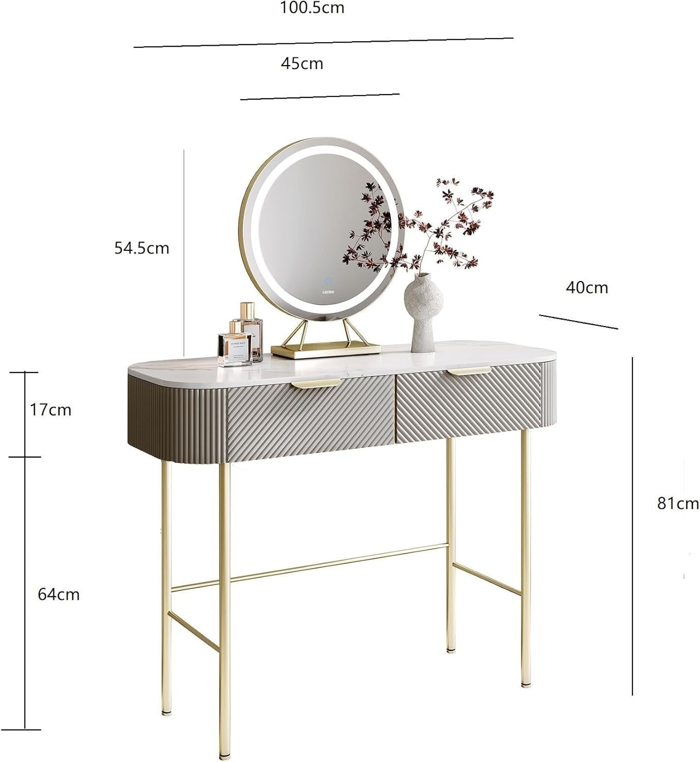 Modern Dressing Table Vanity Console Mocha Gold 2 Drawer Dimmable LED Light