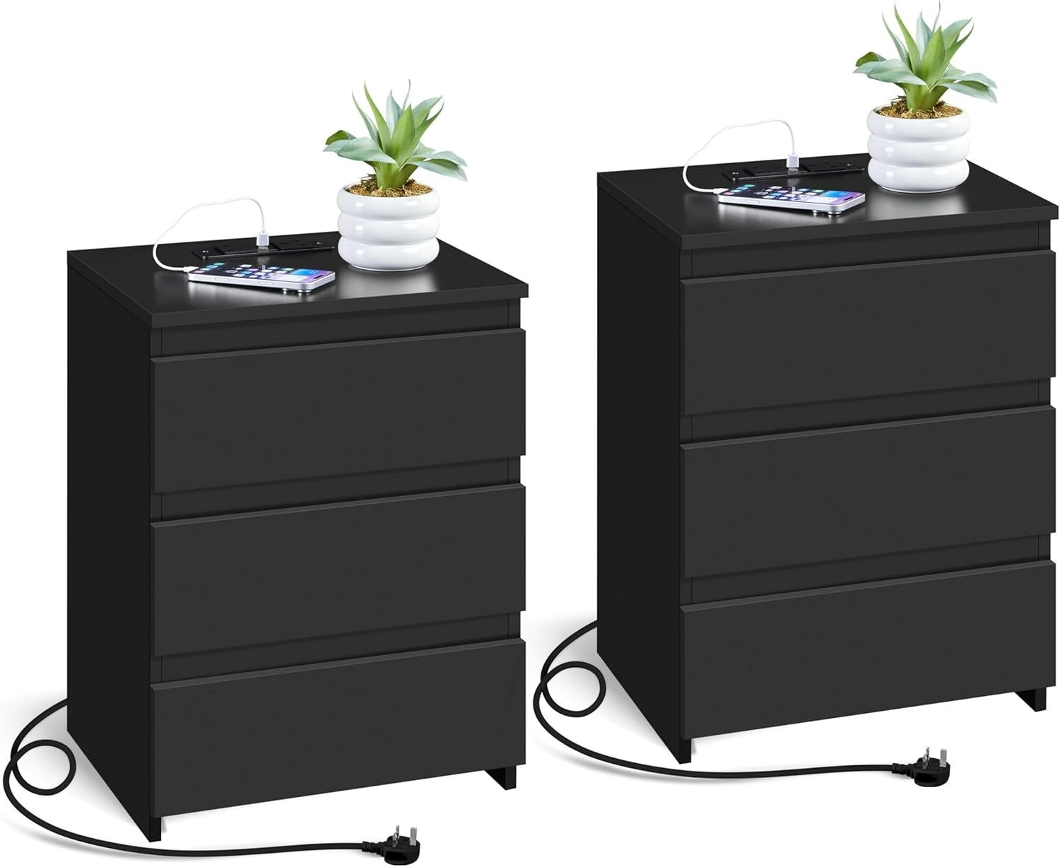 Set of 2 Black Bedside Tables with USB Charging Ports | Modern 3 Drawer