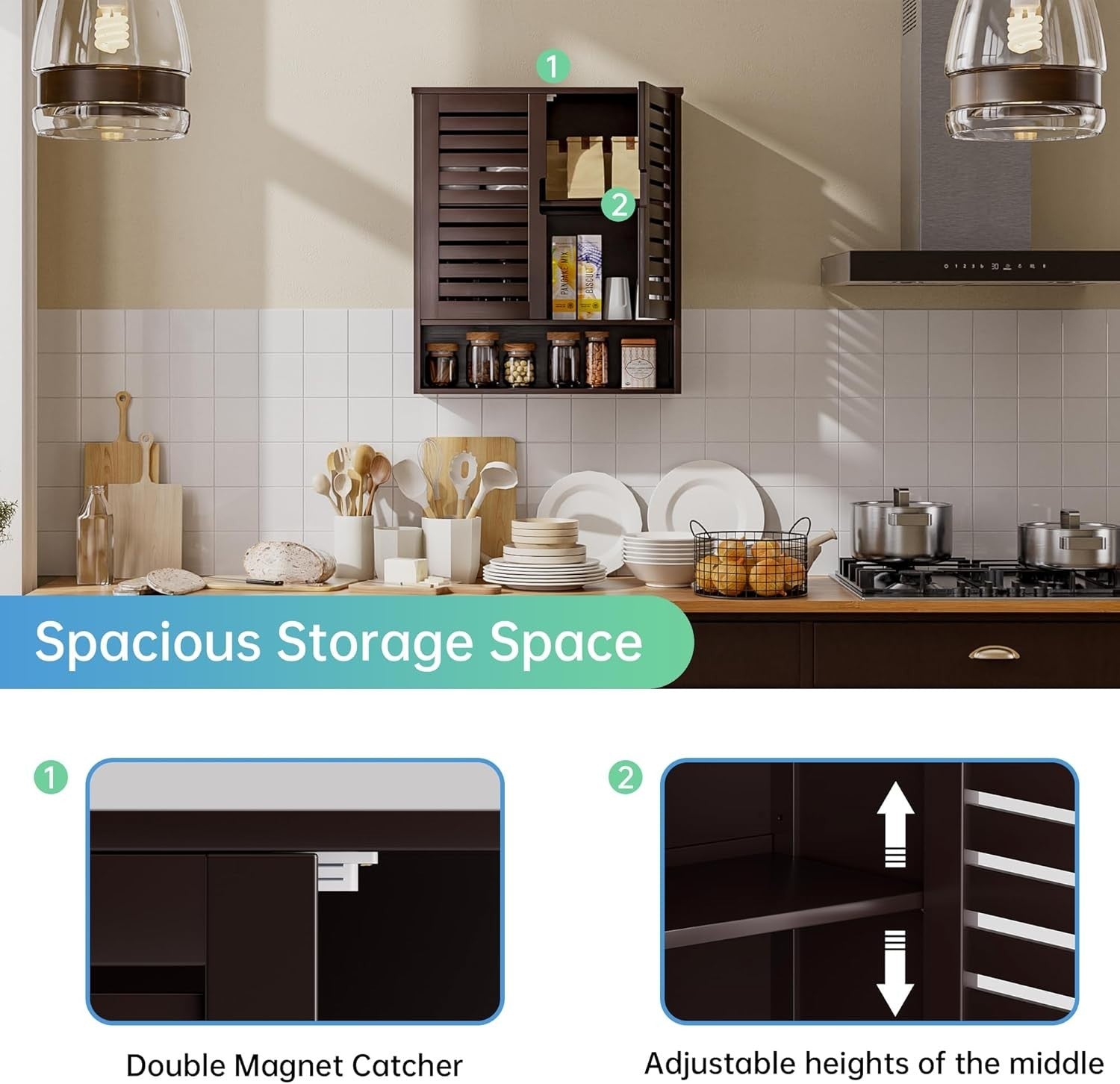 Brown Bathroom Wall Cabinet Storage – 2 Doors, Adjustable Shelves, Over Toilet