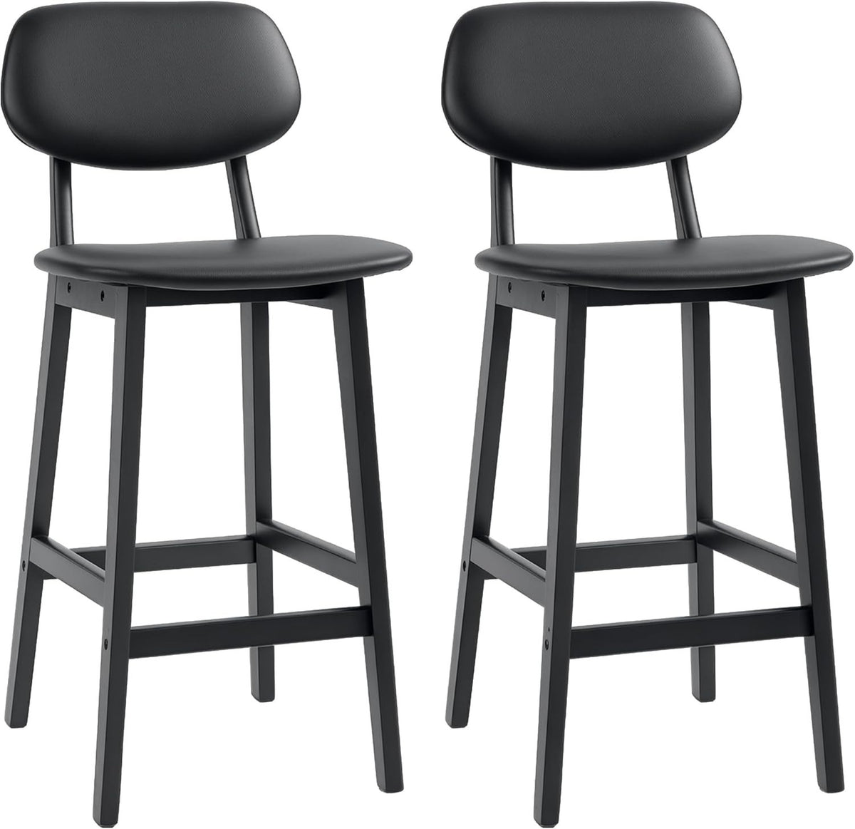 Black PU Leather Bar Stools Set of 2 | Wooden Frame Kitchen Counter Chairs