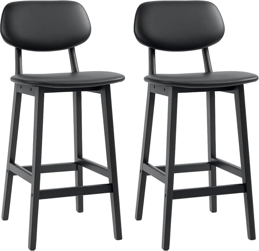 Black PU Leather Bar Stools Set of 2 | Wooden Frame Kitchen Counter Chairs