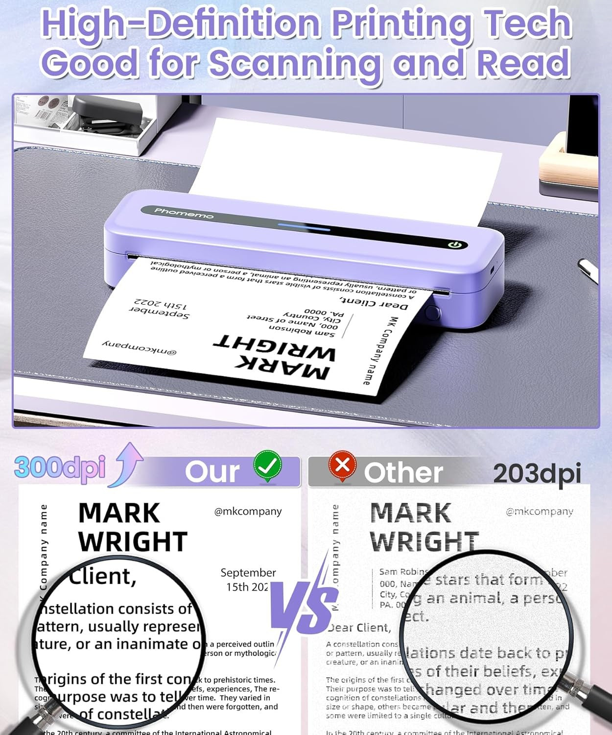 A4 Portable Thermal Printer 300DPI Bluetooth Inkless Purple