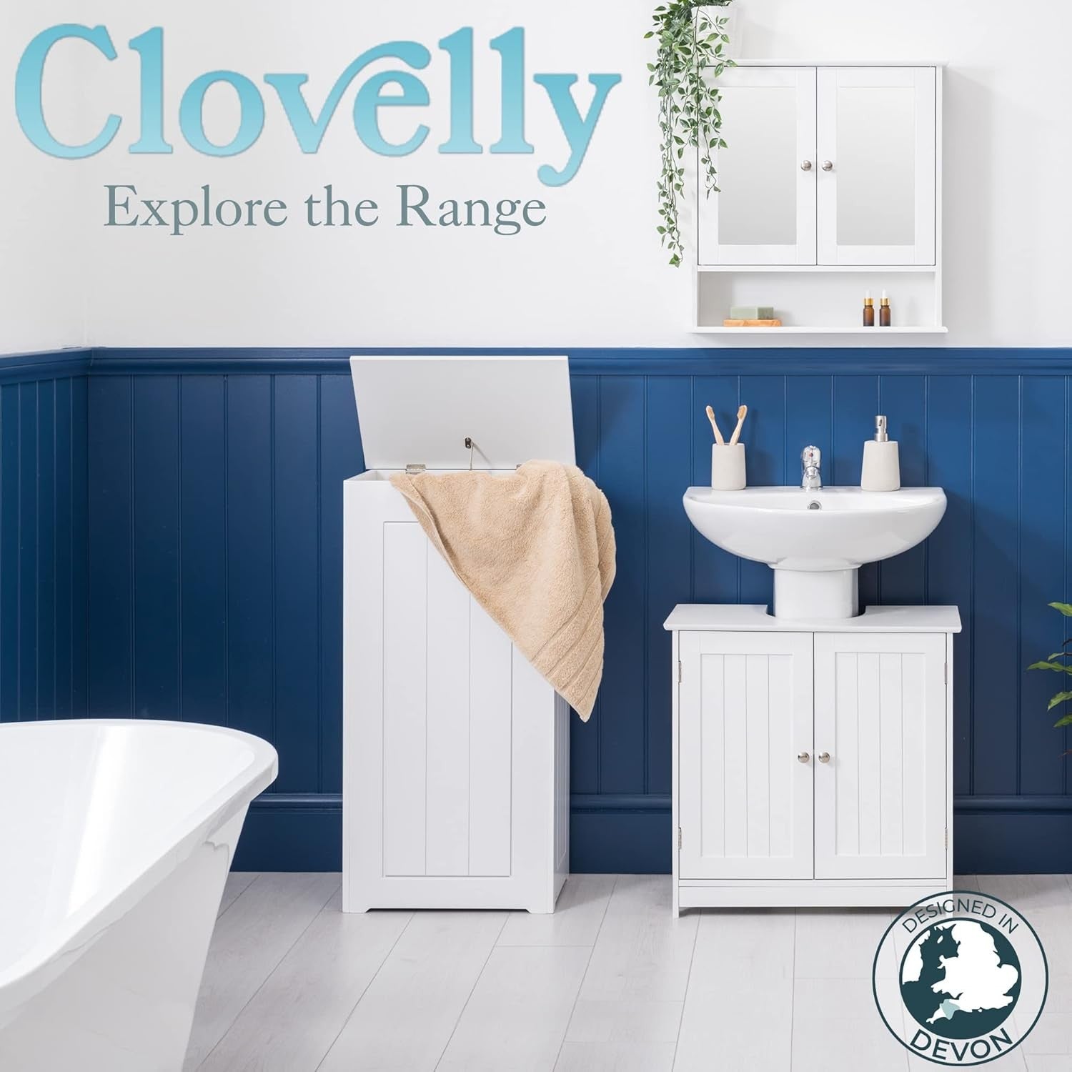 Slim Bathroom Laundry Cabinet Storage Box with Linen Hamper White Wood