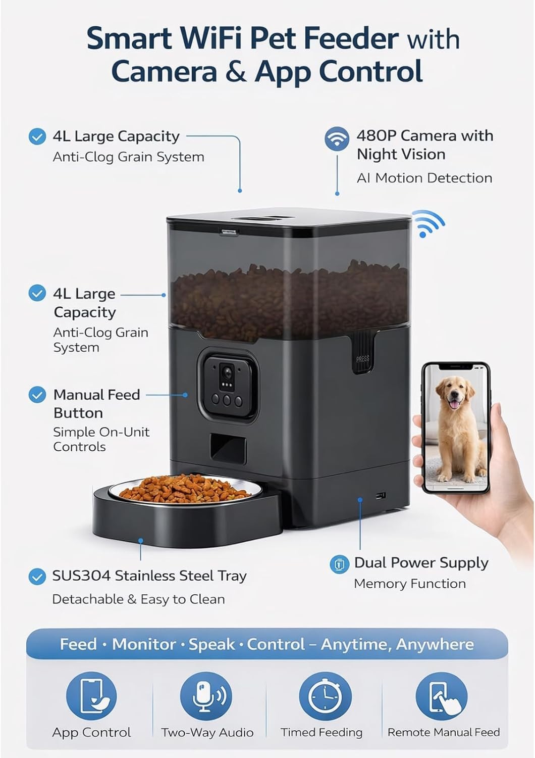 Smart Pet Feeder with Camera WiFi App Control Auto Food Dispenser 4L
