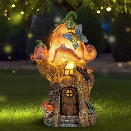 Solar Fairy House Garden Ornament Pink Flower LED Resin Patio Décor 27cm