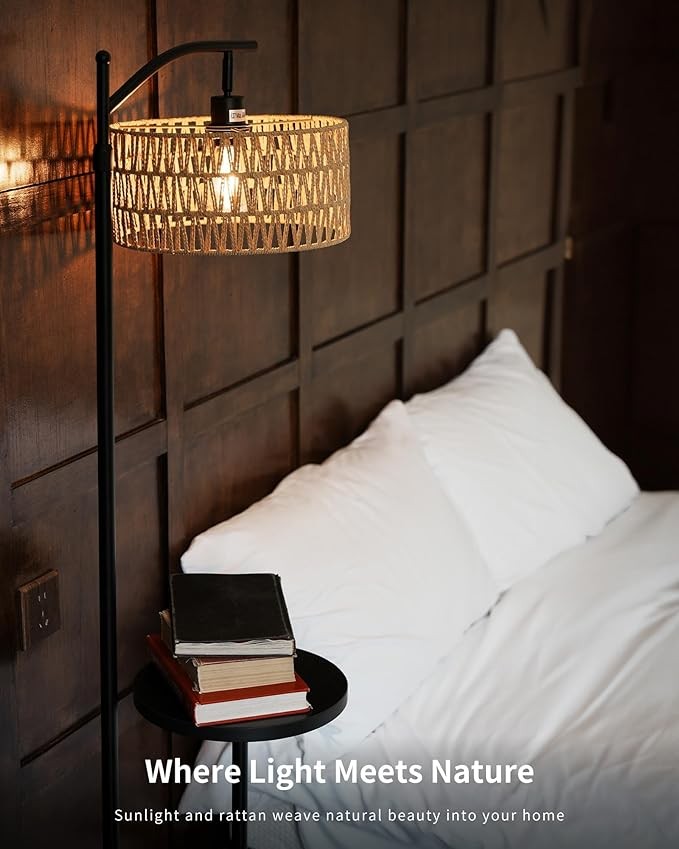 Floor Lamp with Shelf Rattan Standing Light Adjustable Height Boho Black
