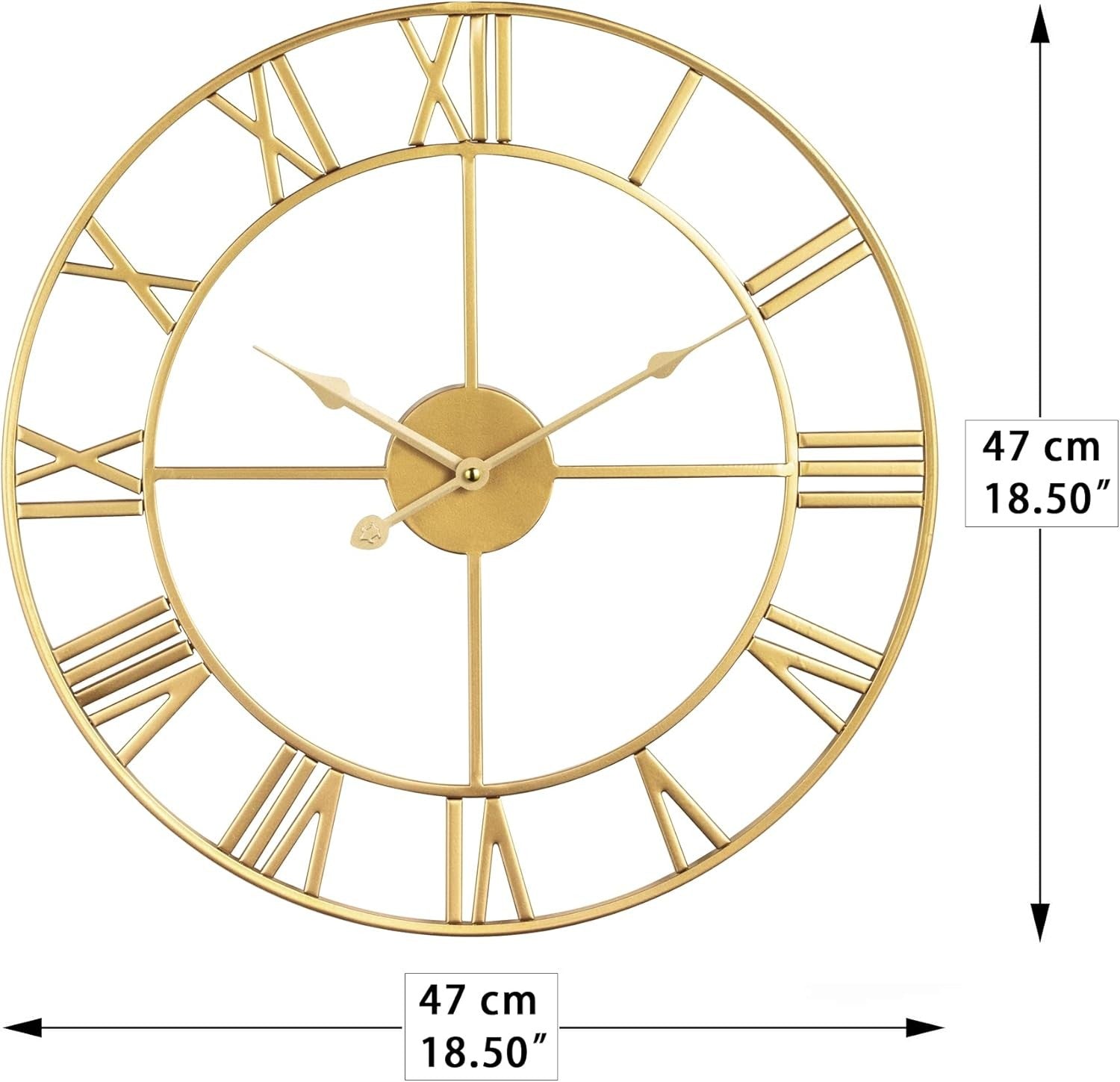 47cm Large Gold Roman Numeral Wall Clock Metal Silent Quartz Modern Decor