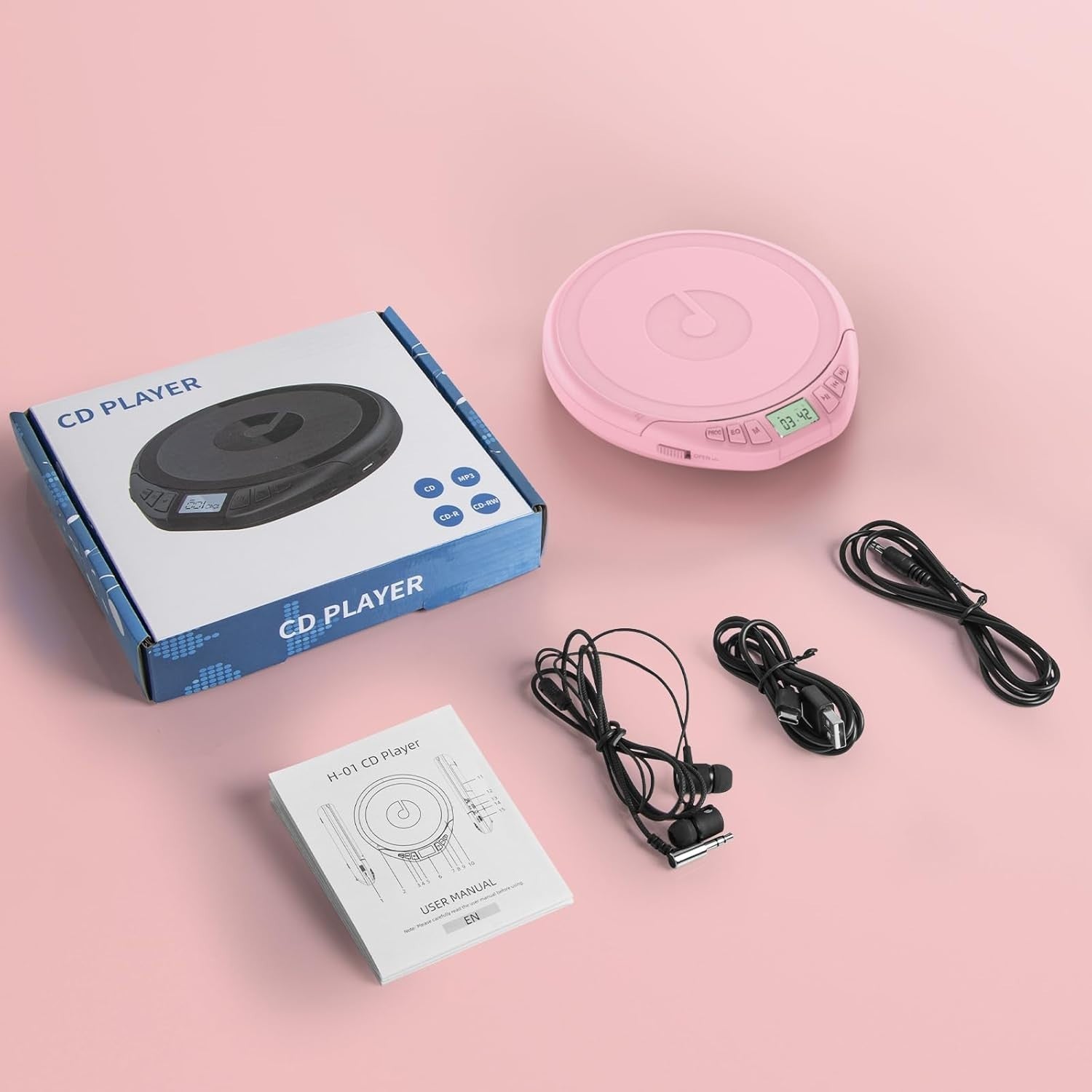 Personal CD Player Portable Anti-Skip LCD Display AUX Car Earphones Pink