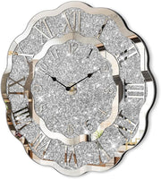 Crushed Diamond Mirror Wall Clock Silver Sparkly Crystal Decor 40cm Luxury