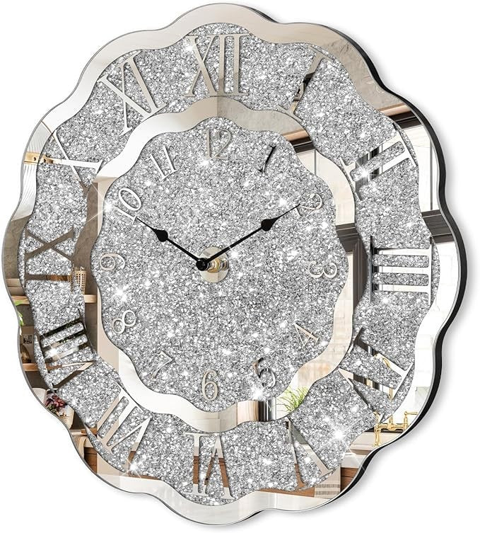 Crushed Diamond Mirror Wall Clock Silver Sparkly Crystal Decor 40cm Luxury
