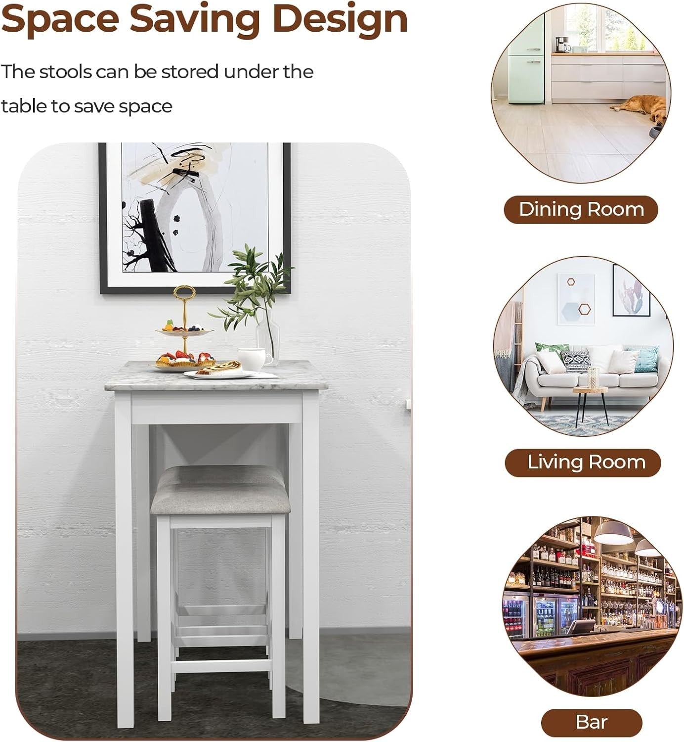3PCS Dining Table Set Bar Table Faux Marble Top with 2 Padded Stools White Grey