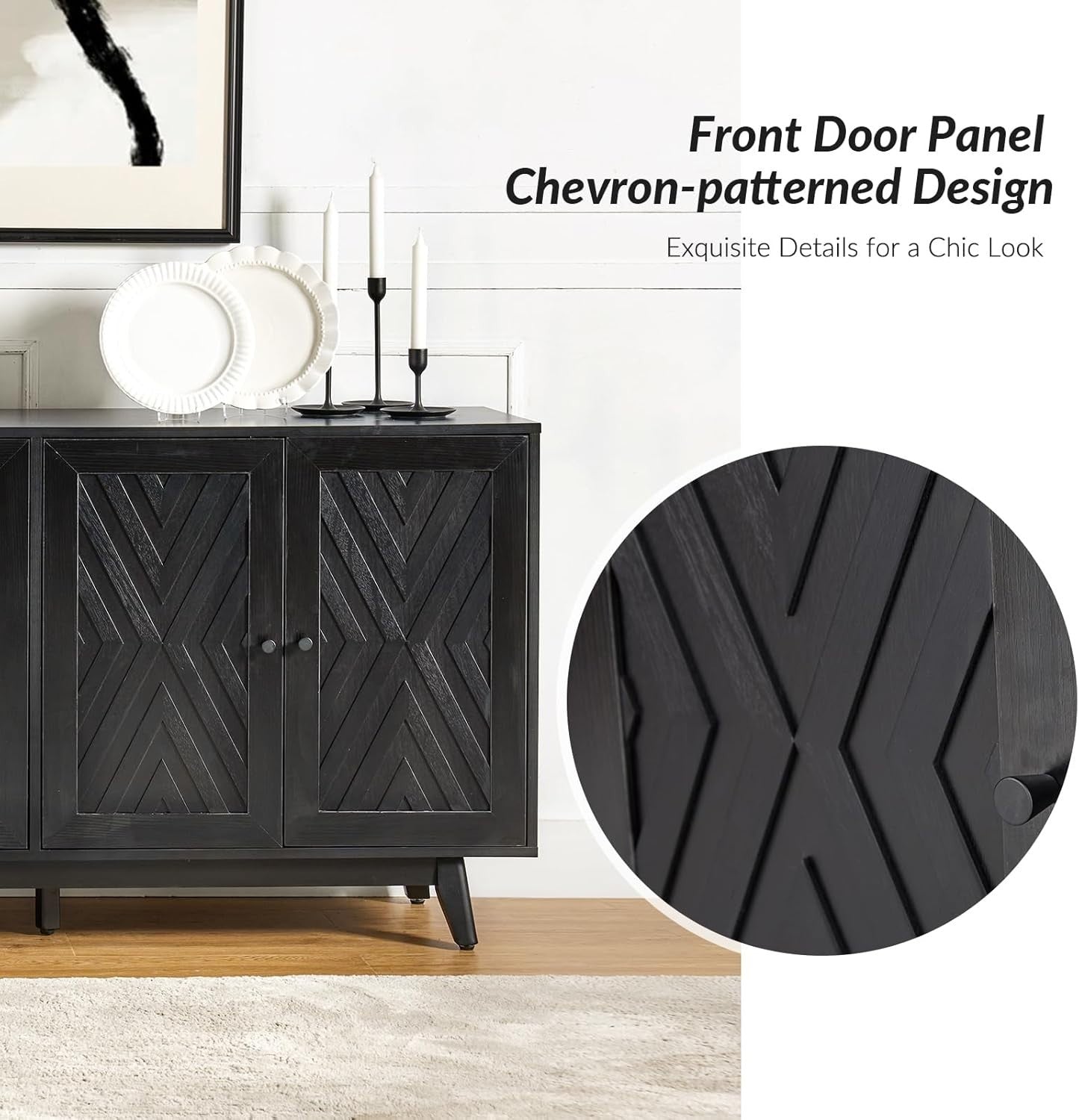 Black Chevron Sideboard Cabinet Solid Wood Legs Adjustable Shelves Storage