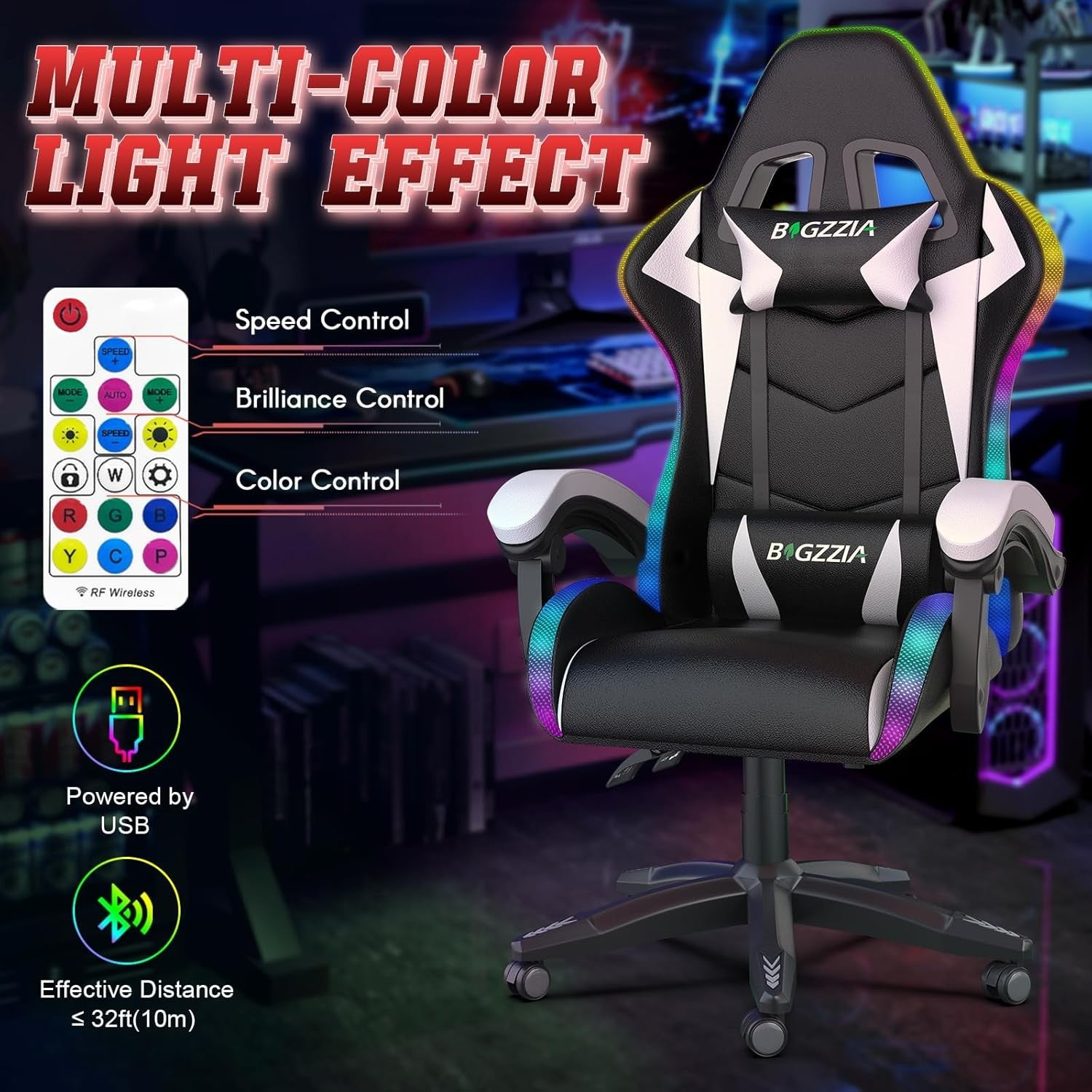 RGB LED Gaming Chair Reclining Ergonomic PU Leather Black